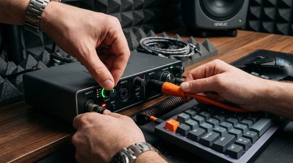 Hands adjusting microphone gain knob and XLR cable connectio