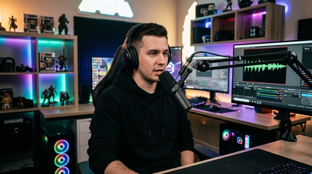 Gaming streamer speaking into Shure SM7B microphone with opt
