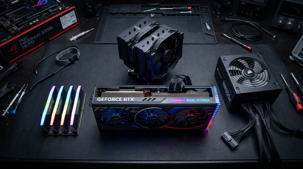 Close-up of high-performance gaming PC components laid out o
