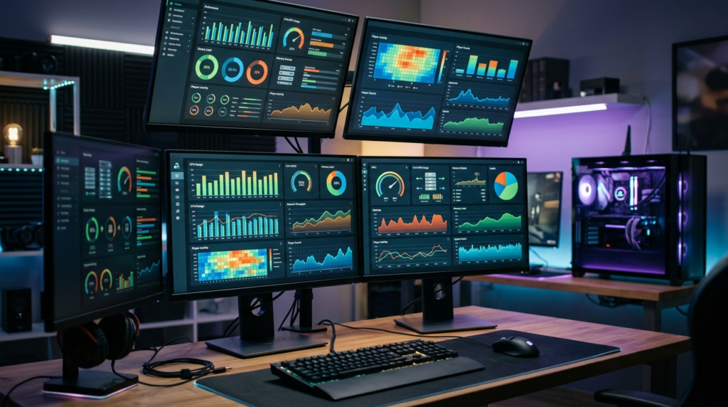 Multiple computer monitors displaying server management dash