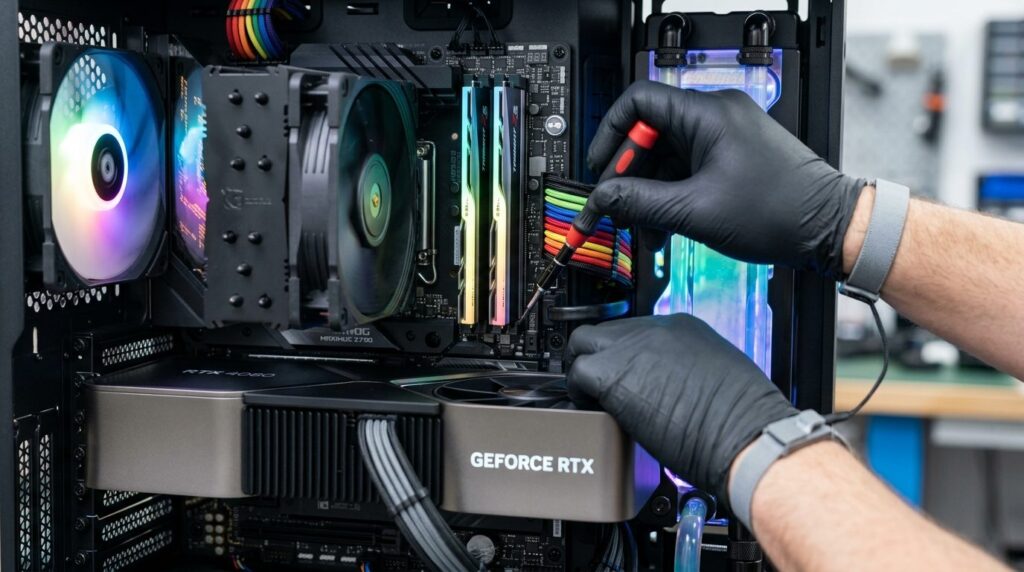 Close-up shot of skilled IT technician hands working on the 