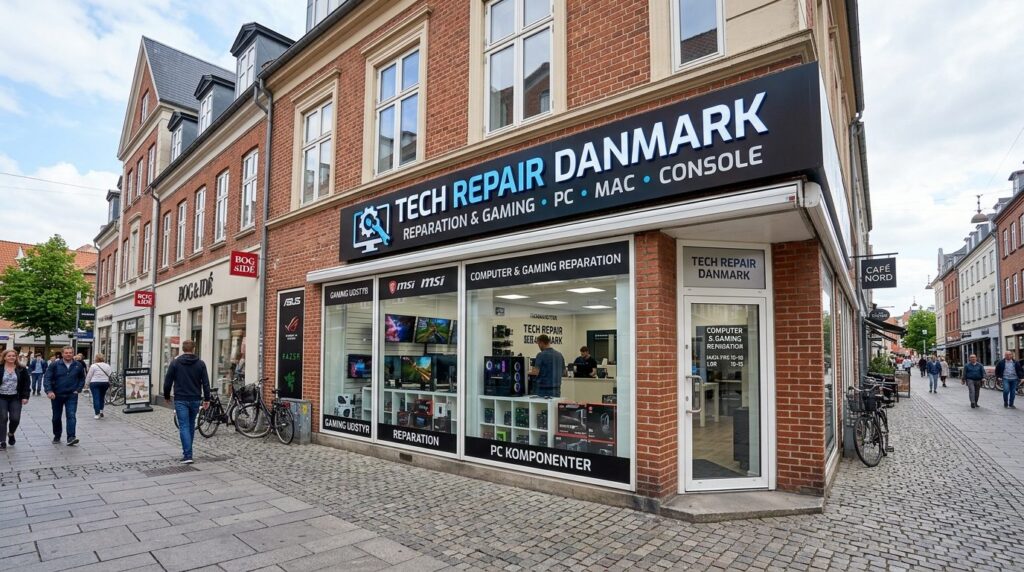 Wide angle photograph of a modern computer repair shop store