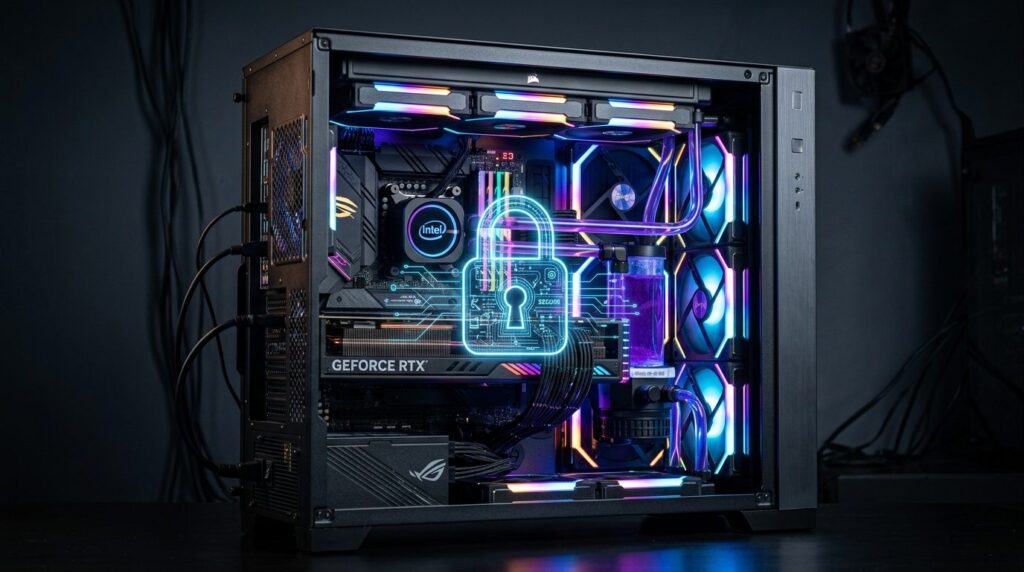 Close-up shot of a gaming PC tower with exposed internals sh