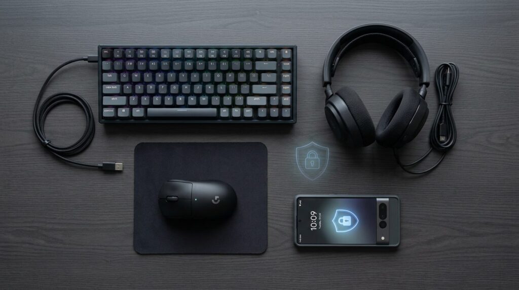 Flat-lay composition of gaming peripherals arranged on a des