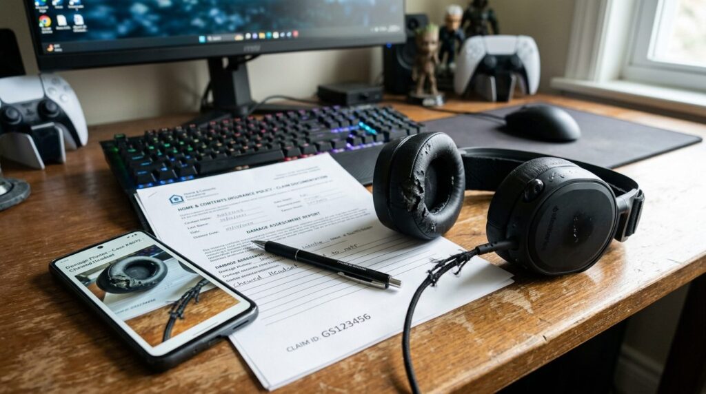 Photorealistic stock image, 16:9 format: Gaming desk with pa