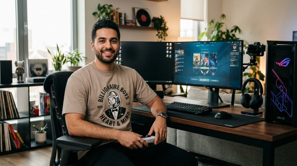 Lifestyle photograph of a confident male gamer wearing a sto