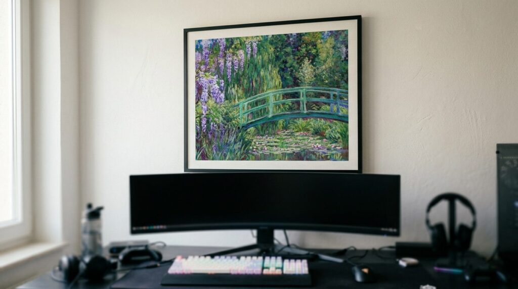 Close-up detail shot of a Claude Monet Japanese Bridge print