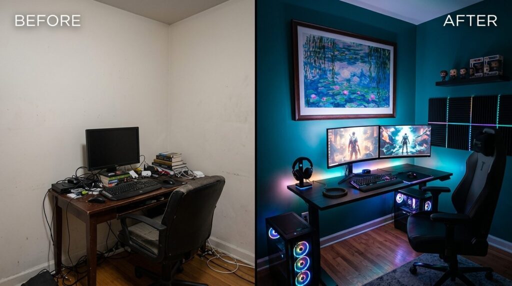 Wide angle view of a gaming corner room transformation showi