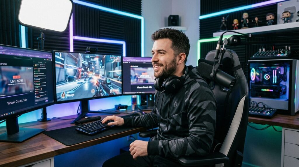 Wide shot of professional streamer at gaming desk with multi